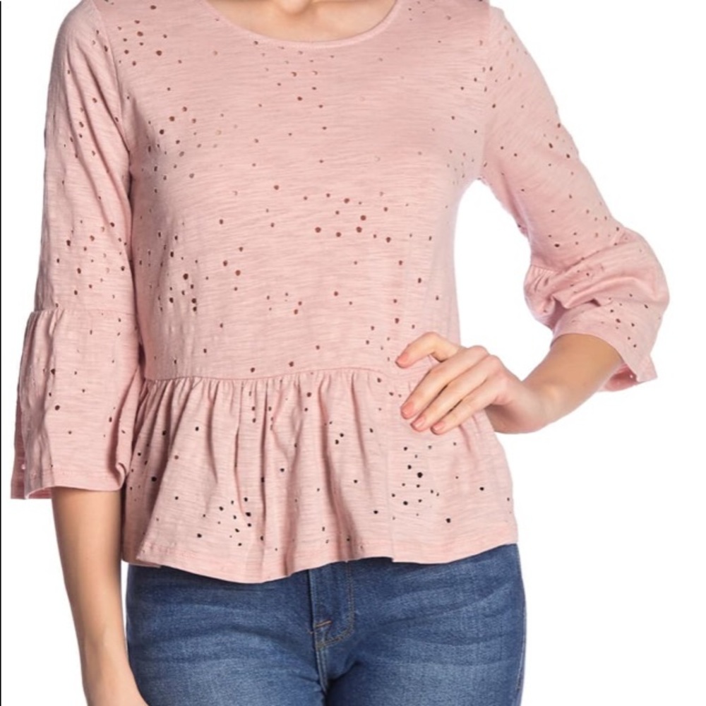 *final* Alya Distressed 3/4 Sleeve Crop Eyelet Peplum Top